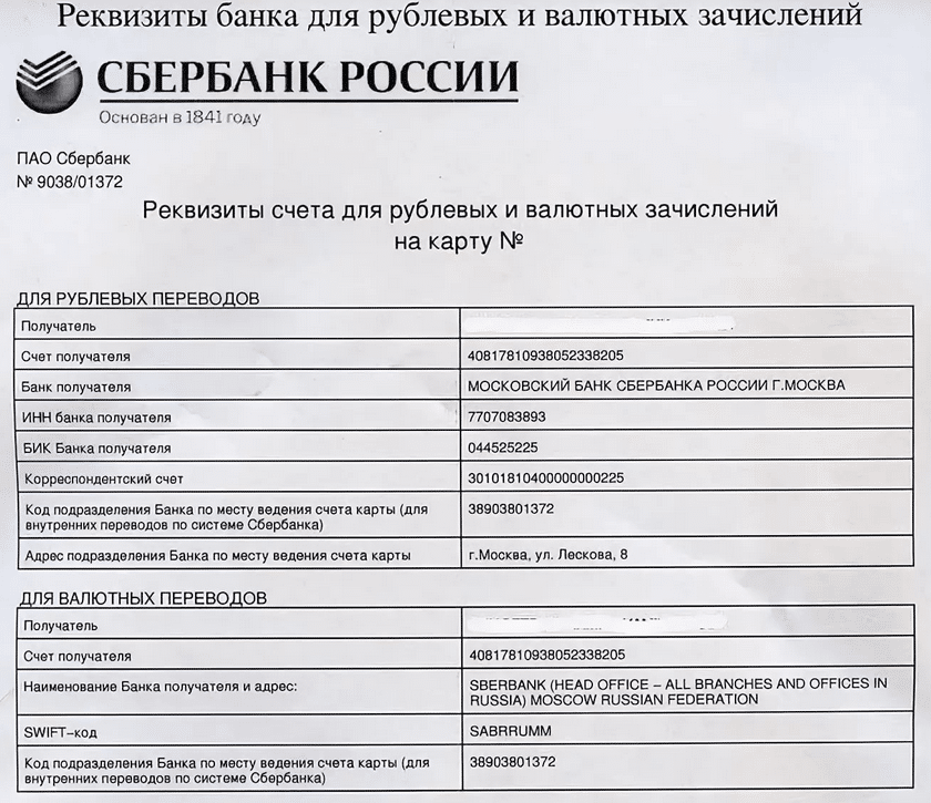 Полные банковские реквизиты карты сбербанк